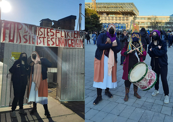 © Verein Wiener Jugendzentren Collage: Erstes Bild zeigt feministischen Banner mit zwei Jugendlichen davor, zweites Bild zeigt beide Jugendliche gemeinsam mit Aktivistin am Karlsplatz