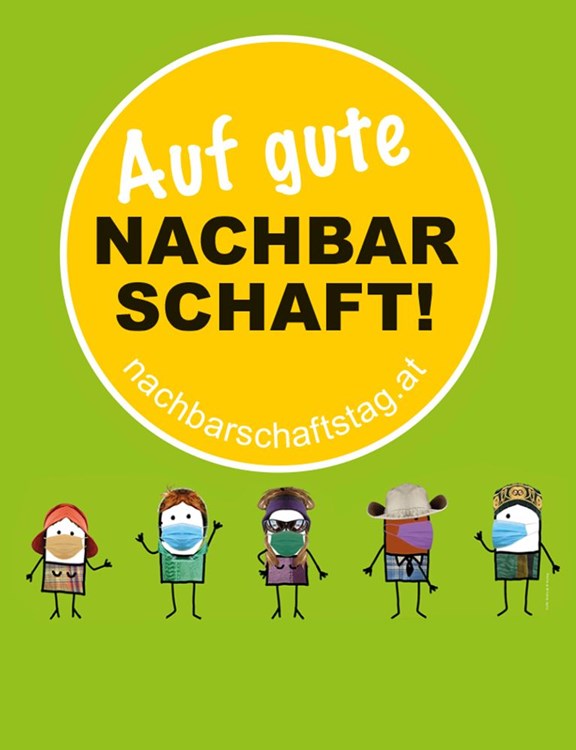 Sticker mit der Aufschrift "Auf gute Nachbarschaft!", darunter feiern kleine Figuren mit bunten Kopfbedeckungen