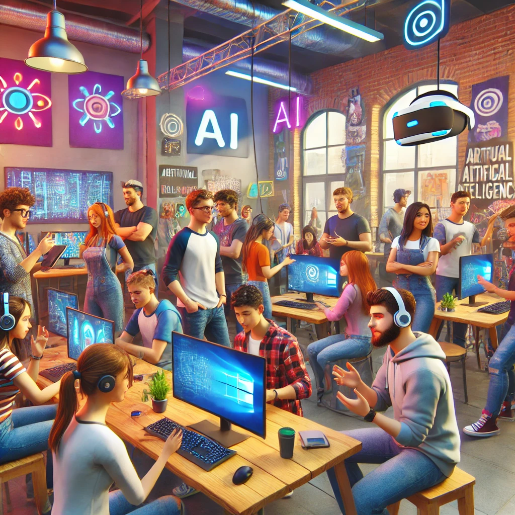 © KI generiert KI_generiertes Bild eines modernen Jugendzentrums mit vielen Menschen an Bildschirmen und Schreibtischen