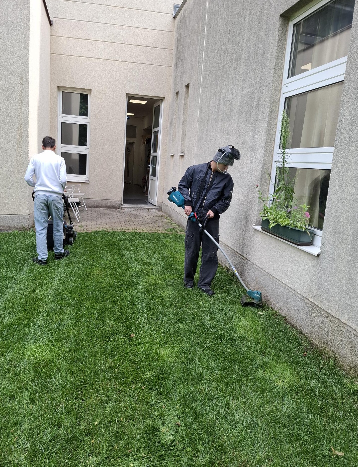 Jugendliche mähen den Rasen und entsorgen Laub  im Garten