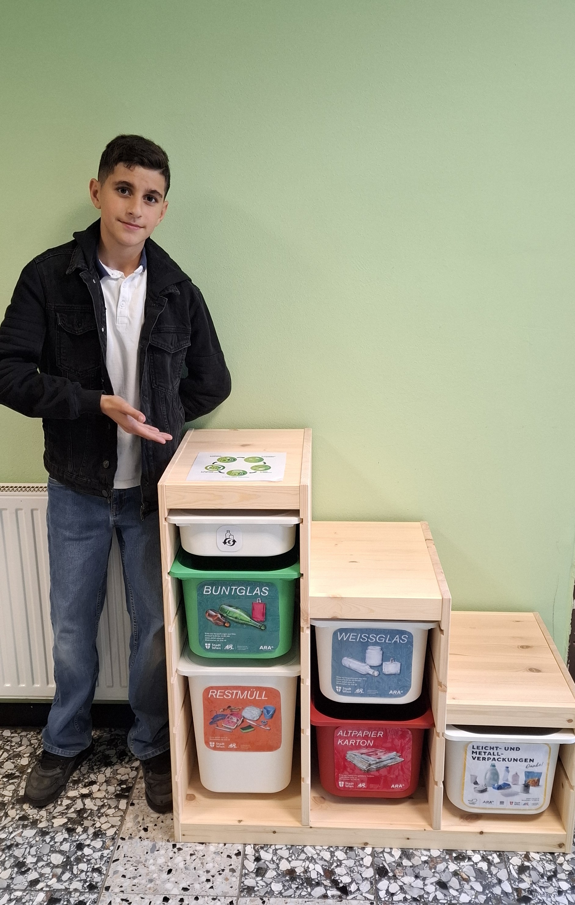 Jugendlicher zeigt auf Mülltrennsystem