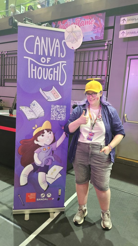 Ronja steht neben Rollup zum Spiel "Canvas of Thoughts"