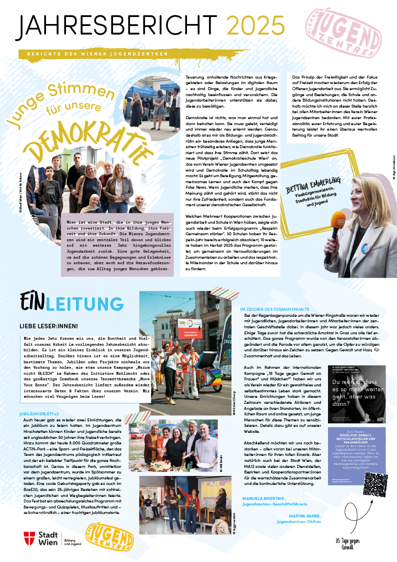 Titelseite vom Jahresbericht 2025 des Verein Wiener Jugendzentren.