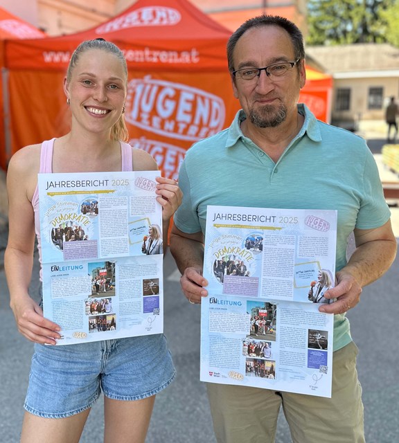 Zwei Mitarbeiter:innen des Verein Wiener Jugendzentren halten den neuen Jahresbericht in ihren Händen.